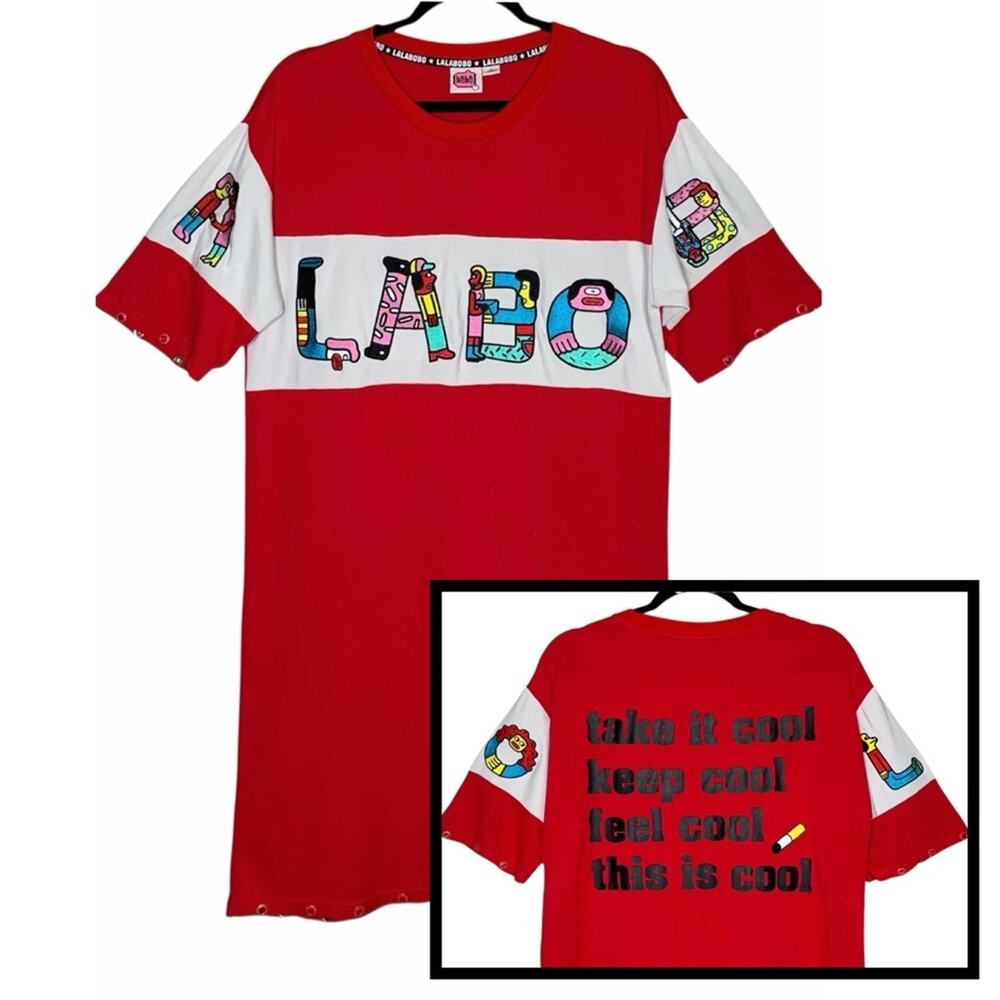 Lalabobo Graphic Tshirt Dress M Red Colorblock Applique Grommet Harajuku KPop